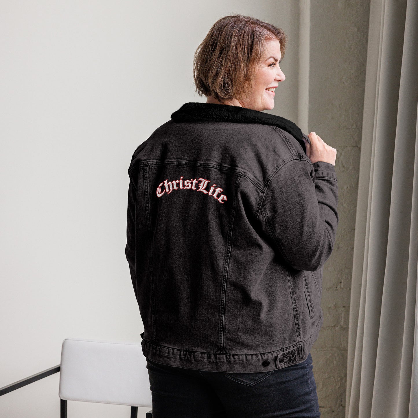 Unisex Christ Life denim sherpa jacket