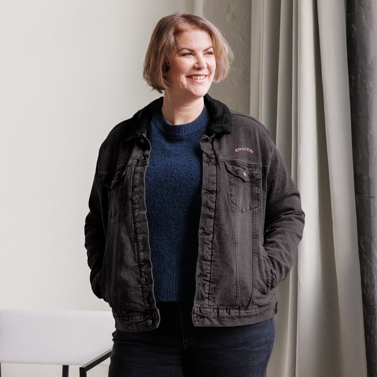 Unisex Christ Life denim sherpa jacket